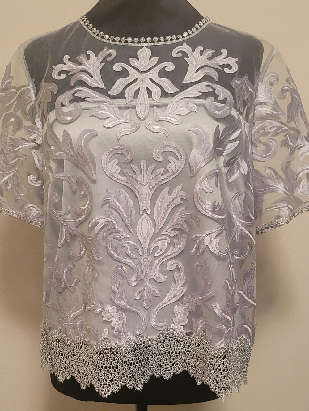 Elie Tahari Sheer Embroidered Overlay Top in Light Silver